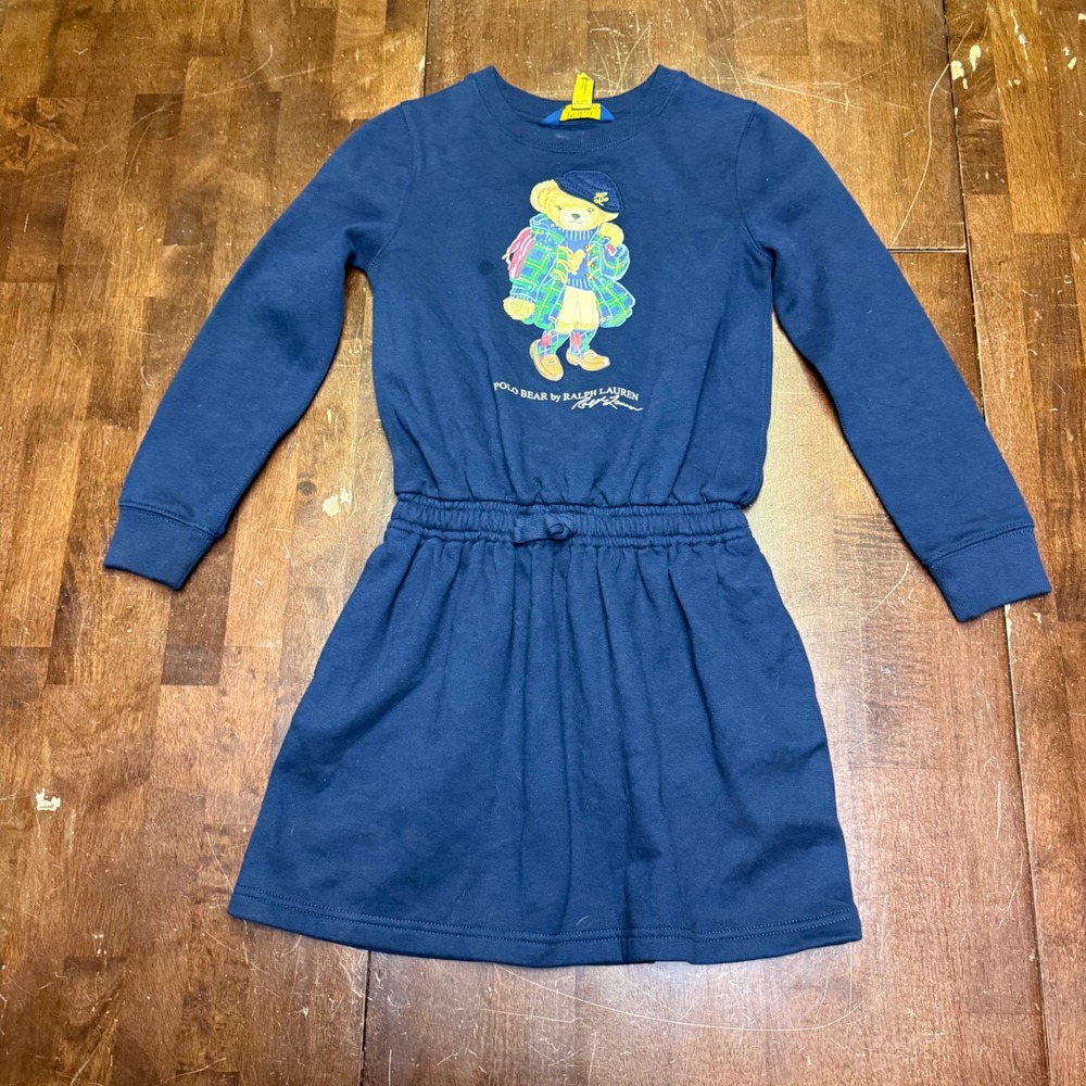 Polo Ralph Lauren Polo Bear  Sweatshirt Dress Kids Size S(7) Navy Blue Graphic